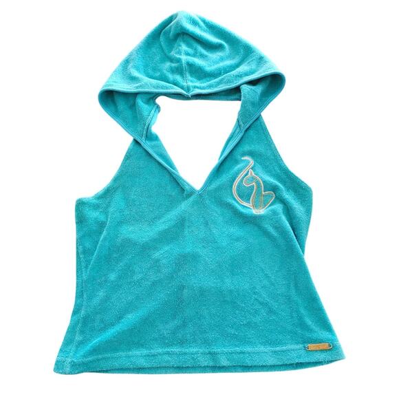 Baby Phat Tops - Vintage Y2K Baby Phat Womens Sz L Cropped Terrycloth Halter Top Teal Blue